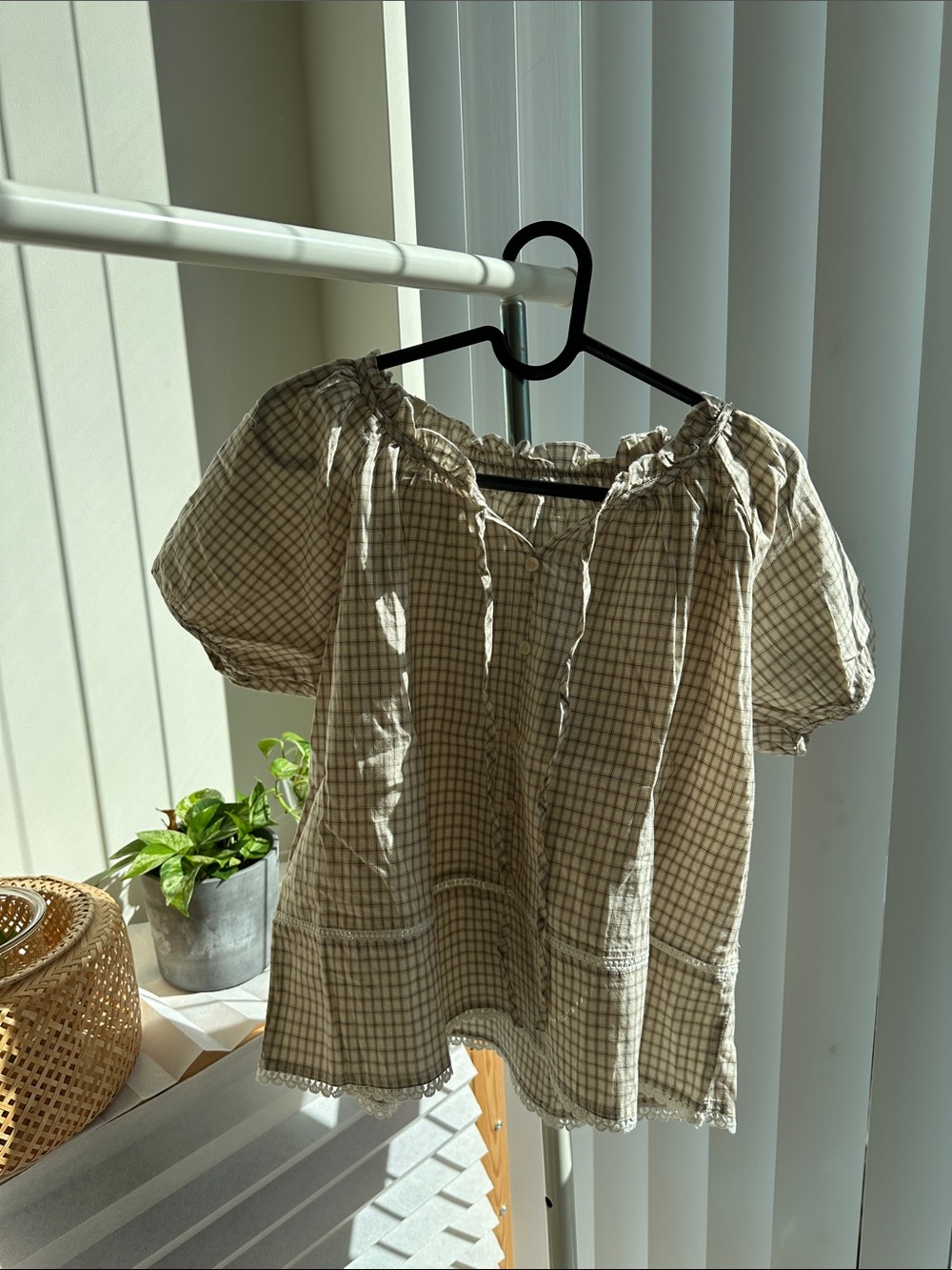 Checked Beige Peasant Blouse with Puff Sleeves